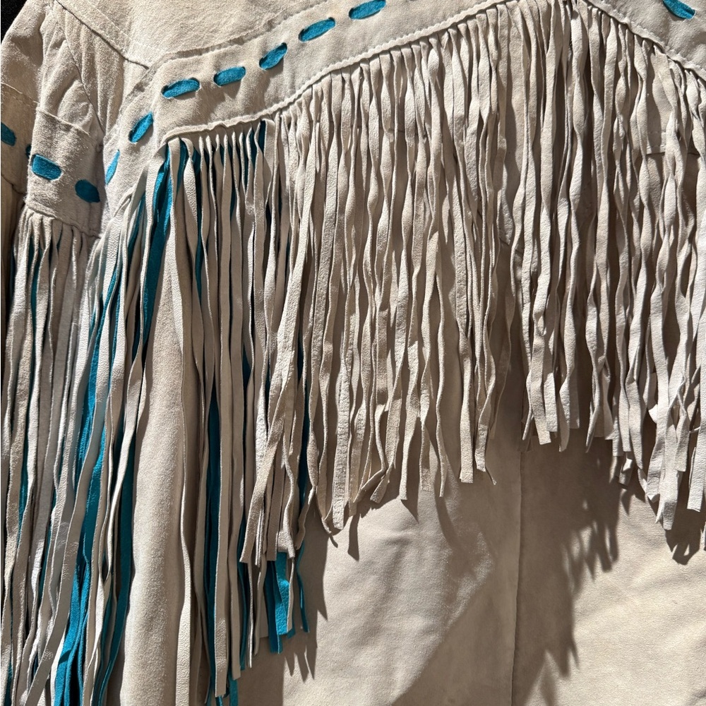 Pioneer Wear Women's Fringe Leather Jacket - Cream and Teal - Picture 5 of 7